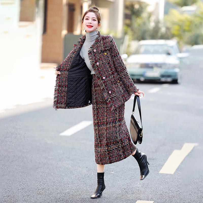 Chic Winter Plaid Jacket & Skirt Cotton Set HM2872