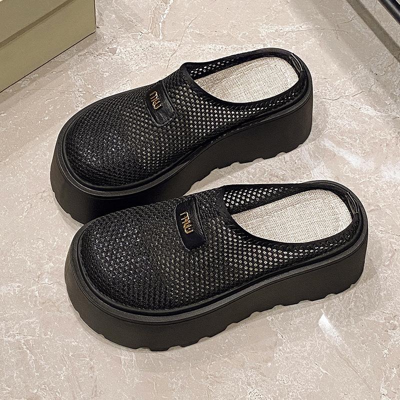 Single Shoes Women's 2025 New Summer Thick-soled Heightening Shoes Women's Small People Pedal Mesh Hollow Muffin Shoes