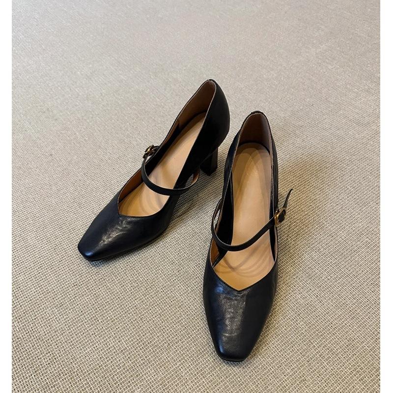 

Французские женские туфли на высоком каблуке ручной работы, в ретро-стиле, с высоким чувством класса, туфли Мэри Джейн с неглубоким вырезом, женские новые туфли на толстом каблуке 39 чёрный