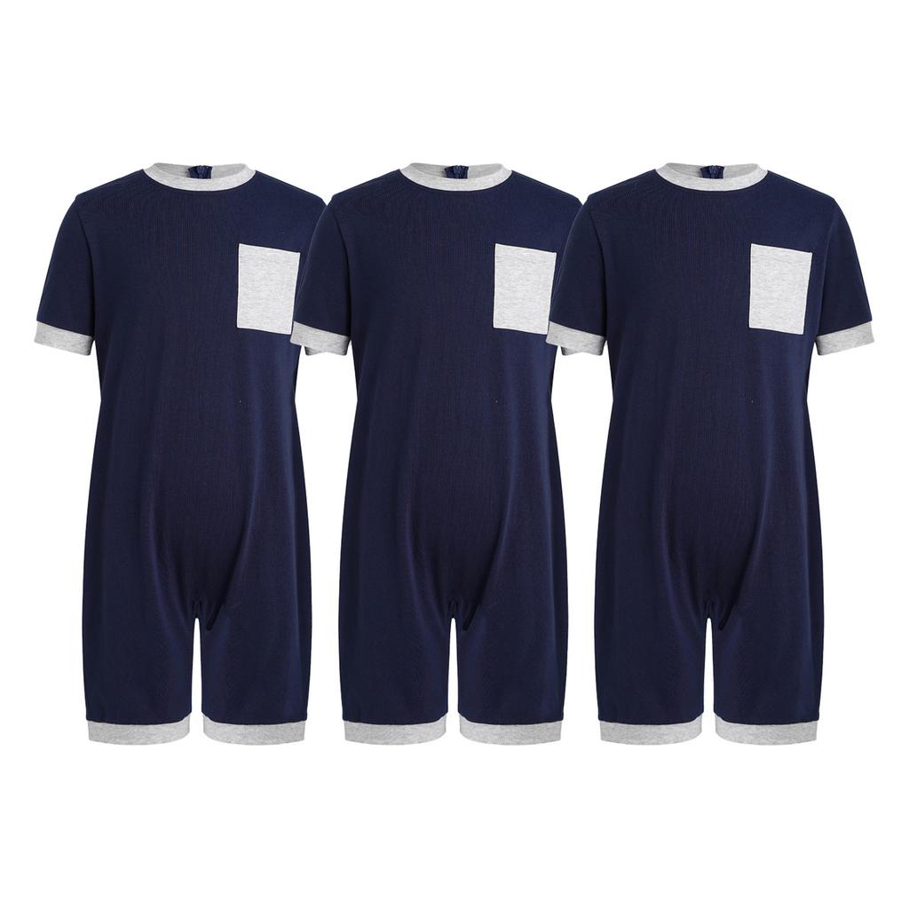 3Pcs Adaptive Anti-Strip Jumpsuit for Kids Back Invisible Zipper Round Neck Short Sleeve Contrast Color Thigh Length with Pocket