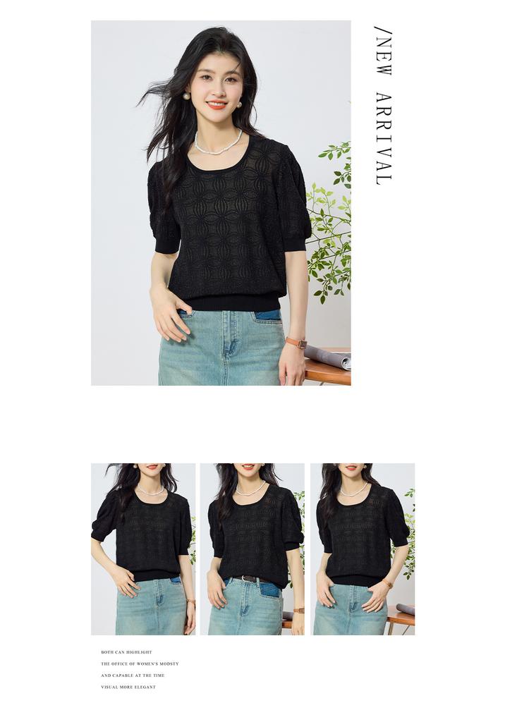 2025 Summer New High end Round Neck Lantern Sleeve Flower Jacquard Short Sleeve T-shirt Fashion Knitted Top