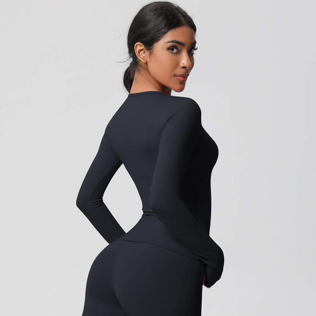 European-American Slim Fit Long Sleeve Yoga Top - Nude, Brushed Feel, Round Neck, High-Intensity Running & Fitness Wear