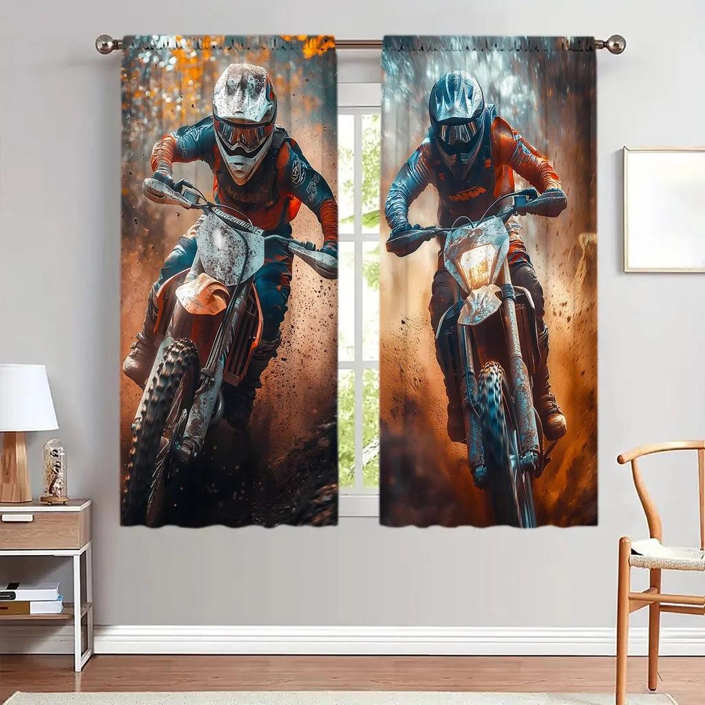 Větrná clona ve stylu motokrosové dráhy Dynamická energická atmosféra Snadno udržovatelné Závěsy vyrobené z polyesteru Lze prát v pračce