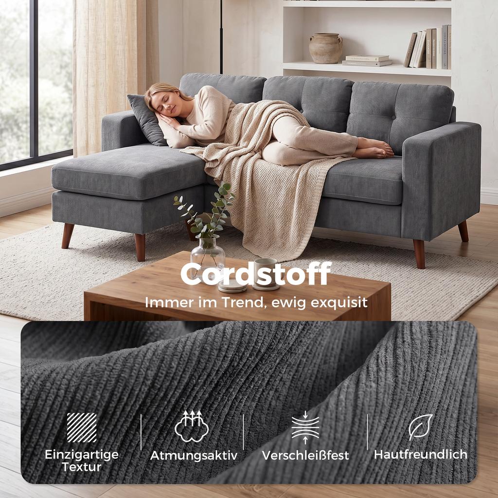 Corner Sofa 192 Cm L-Shaped 3-Seater Sofa with Reversible Chaise Longue, Corduroy Look, for Small Rooms, Dark Grey