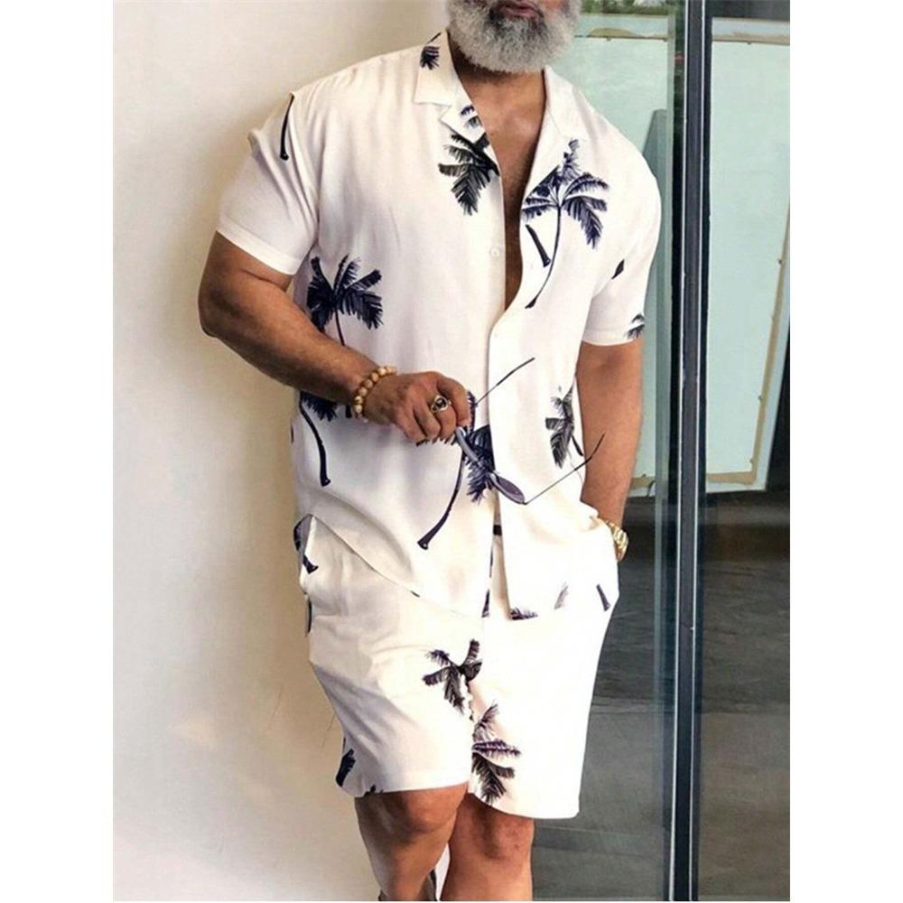 Men's New Hawaiian Short-Sleeved Shirt Shorts Set Summer Daily Travel Shirt Beach Casual Drawstring Shorts Jungle Print Set