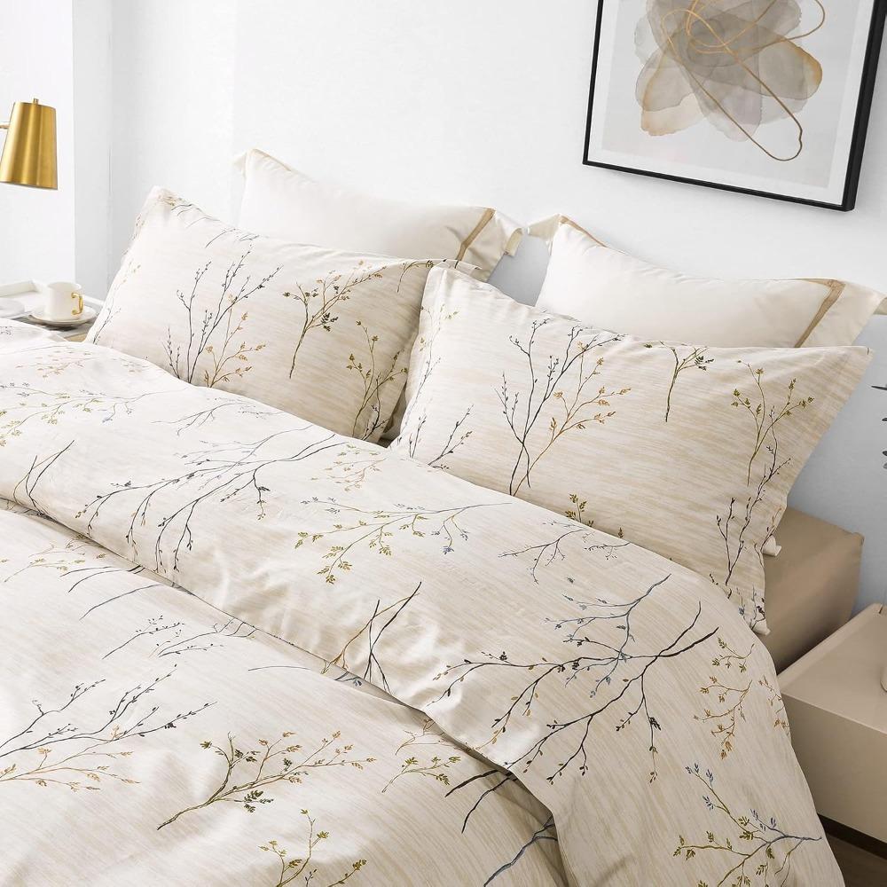 Egyptian Cotton Queen Bedding Set with Cream Branch Pattern and 1200 Thread Count for Breathable Comfort