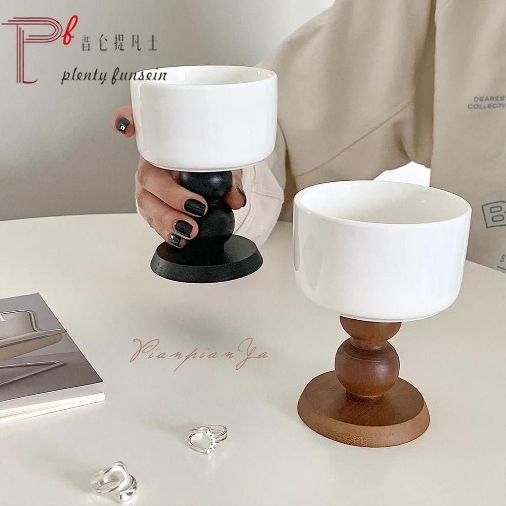 Ins French Retro Solid Wood Splicing Ceramic Goblet Coffee Cup Tray Tableware Home Decoration Photo Props