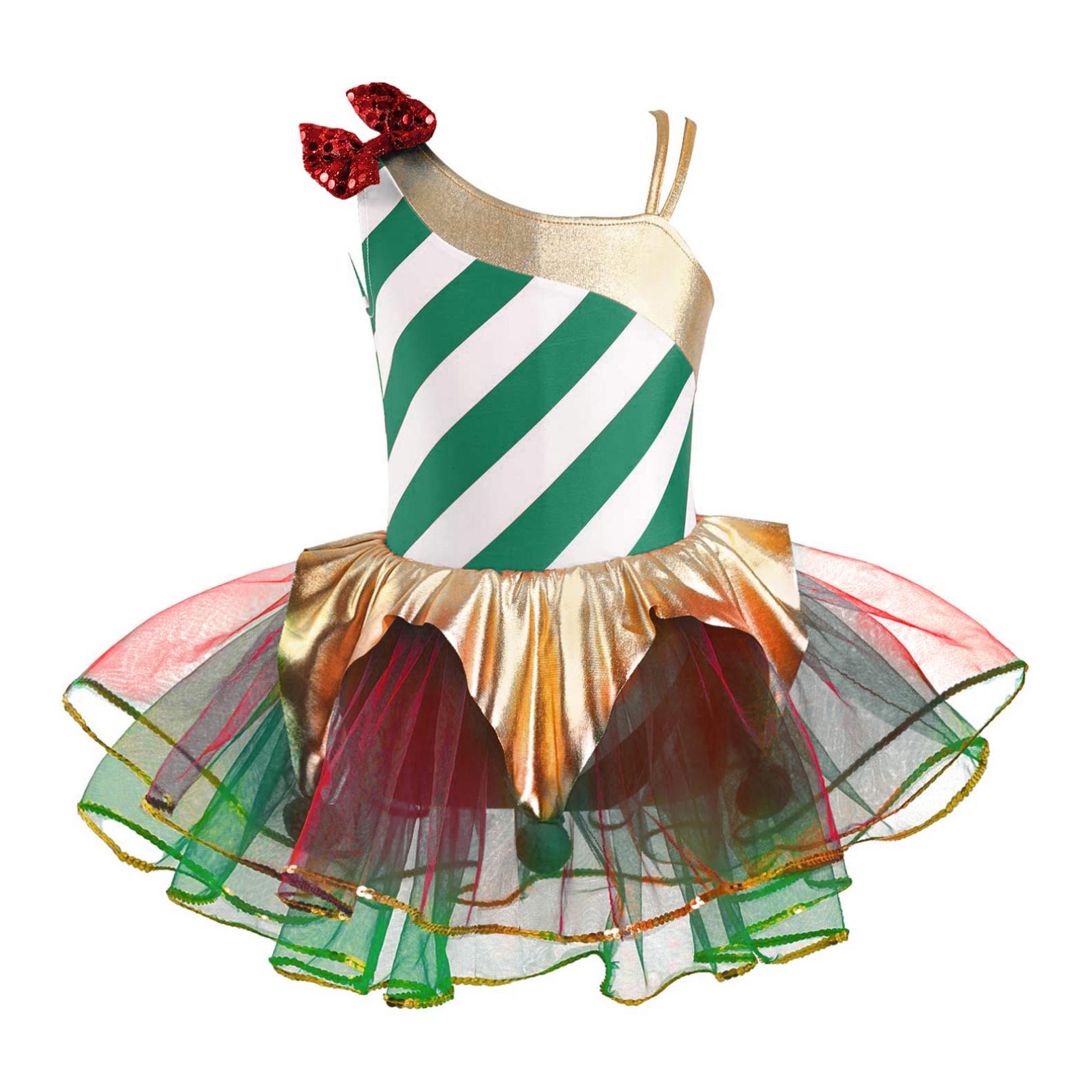 Kinder Mädchen Elf Weihnachten Kleid Pailletten Streifen Karneval Festival Santa Cosplay Kostüm Ballett Trikot Tutu Kleid Dancewear 11-12 Years grün