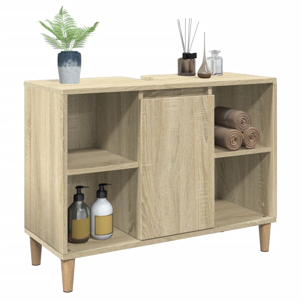 Modern bathroom cabinet with a storage unit under the washbasin, open storage on both sides, and a door storage in the middle, 80x33x60 cm