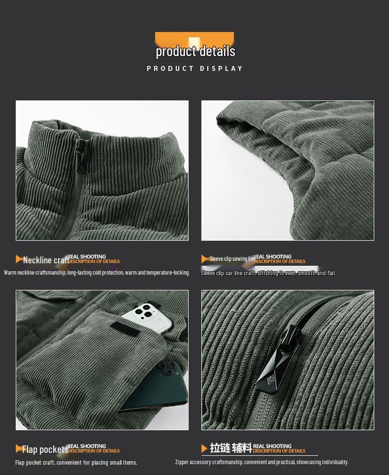Men's Winter Fleece-Lined Corduroy Vest - Thick, Plus Size, Stand Collar, Sleeveless Jacket with Multi-Pocket Design.