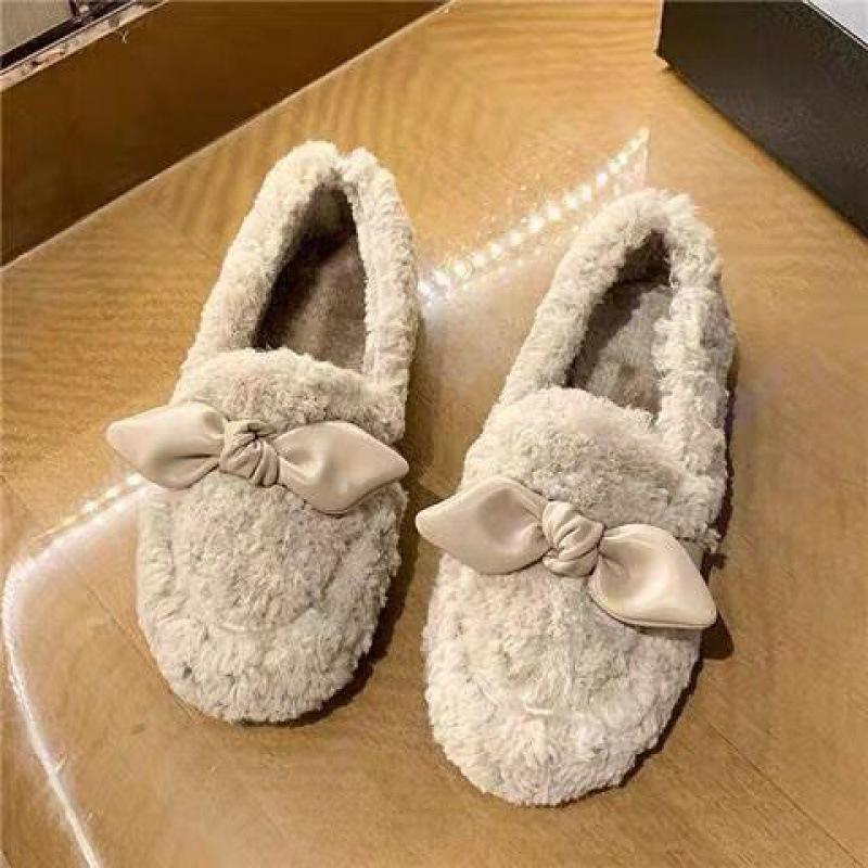 Mao Mao Doudou Shoes Women's New Autumn and Winter Outer Wear Velvet Flat-bottomed Versatile Bow Cotton Shoes Outer Wear Lazy Shoes
