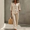 1116 European and American women's new casual button V-neck ruffle edge seven-quarter sleeve top and trousers