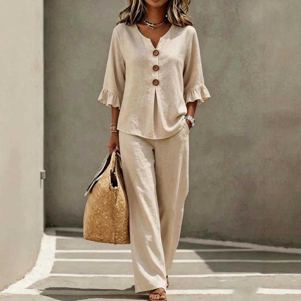 1116 European and American women's new casual button V-neck ruffle edge seven-quarter sleeve top and trousers
