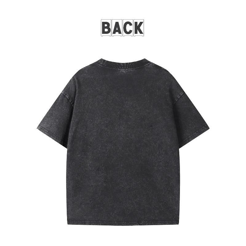 European sizes Men's Casual Retro Washed  Black Short Sleeve with Cat Pattern Breathable Sweat-Absorbent Comfortable Top Suitable for All Seasons