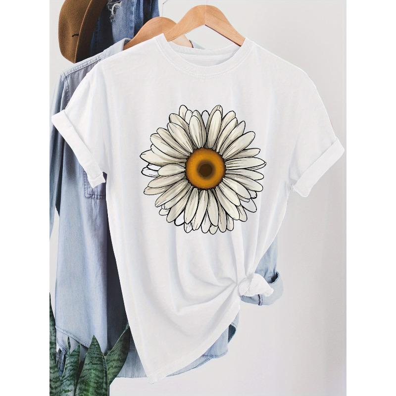 

Женская Повседневная Футболка с Цветочным Принтом Маргаритки, Светло-Бежевая, с Коротким Рукавом, Круглым Вырезом, Летний Повседневный Топ S белый