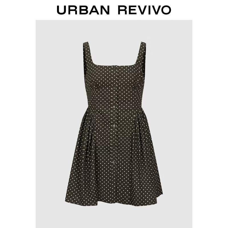 UR 2026 Summer Retro Polka Dot Pleated U-Neck Dress S