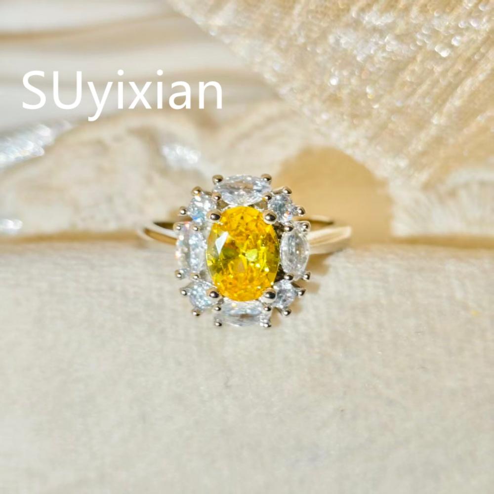 925 Sterling Silver Fashion Light Luxury Sunflower Yellow Zircon Ring Stud Earrings Necklace Women s Three-piece