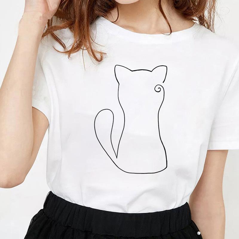 Kawaii Cat Line Drawing Minimalist Print T Shirt Female Harajuku Aesthetic Streetwear Summer Clothes for Women Camisa Masculina