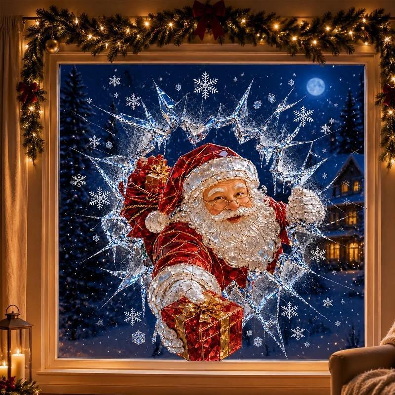 Removable Crystal Christmas Window Stickers Adorable Santa Snowman Puppy Design for Xmas Party Home Decor