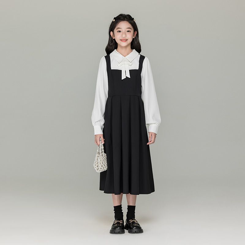 Girls' Color-blocked Faux Two-piece Long-sleeved Dress - Fall/Winter Children's Fashionable Princess Dress