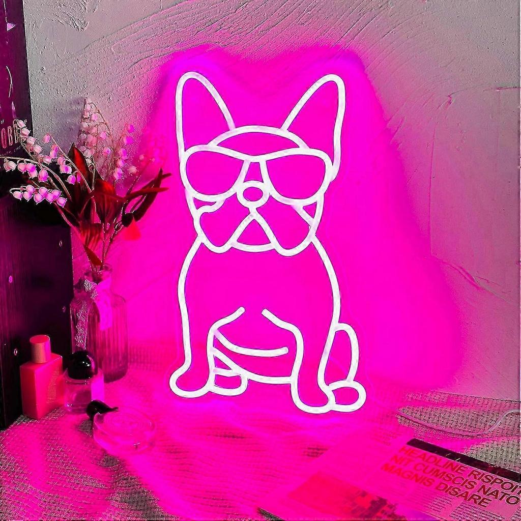 French Bulldog Neon Sign With Glasses, Pink Dimmable Led Wall Decor, Cute Frenchie Gift Idea  WSLIHV