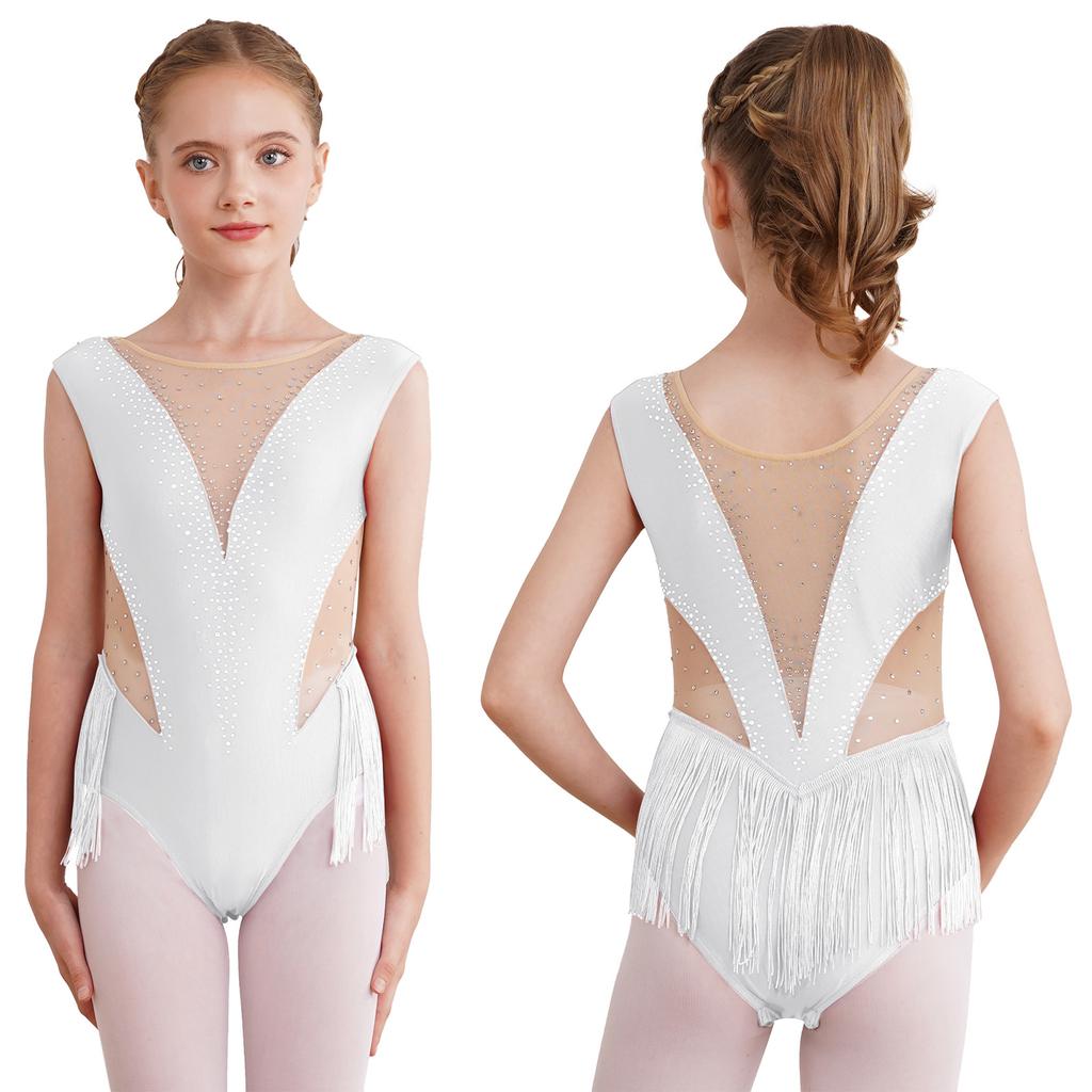 Kids Girls Ballet Latin Dance Leotards Figure Skating Performance Costume Shiny Rhinestone Tassel Gymnastics Bodysuit Dancewear