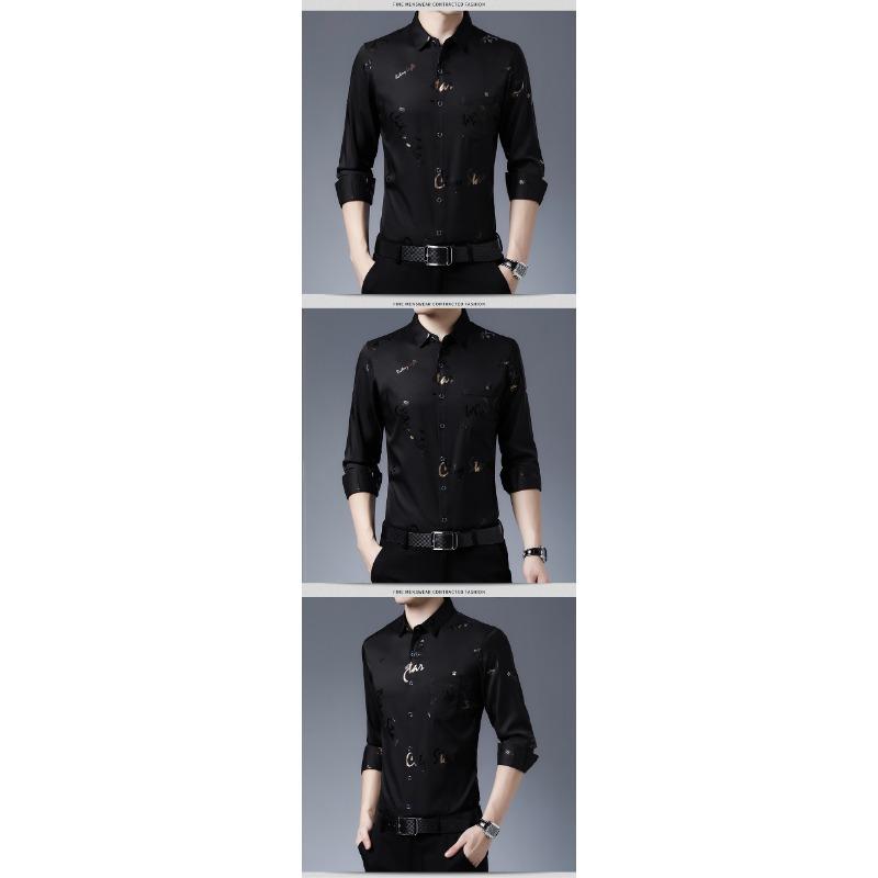 Men Casual Slim Fit Long Sleeve Thin Non Iron Letter Print Shirt