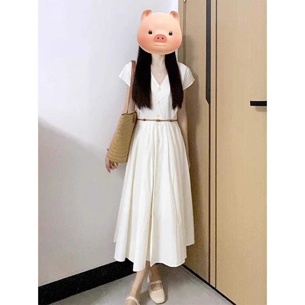 Apricot Dress Summer Casual Small Temperament Long Dress New Popular Wear French Waist Shirt V-neck