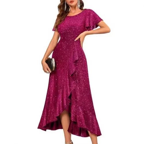 European and American women's clothing new high-waisted split ruffle edge dress cocktail party elegant shiny dress
