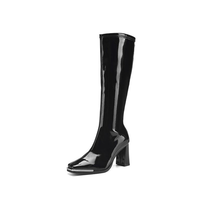 Dames Lakleren Hoge Laarzen Vierkante Neus Metalen Decoratie Hakken Herfst Rood Zwart Mode Lange Schoenen 40 black