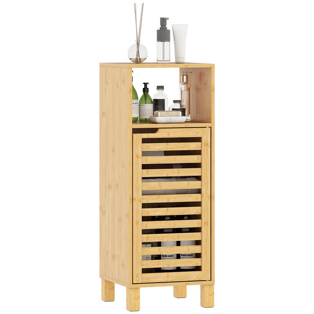 Bathroom Cabinet, Open Shelf, Cabinet, Bamboo Wood, Louvered Door, Light Brown