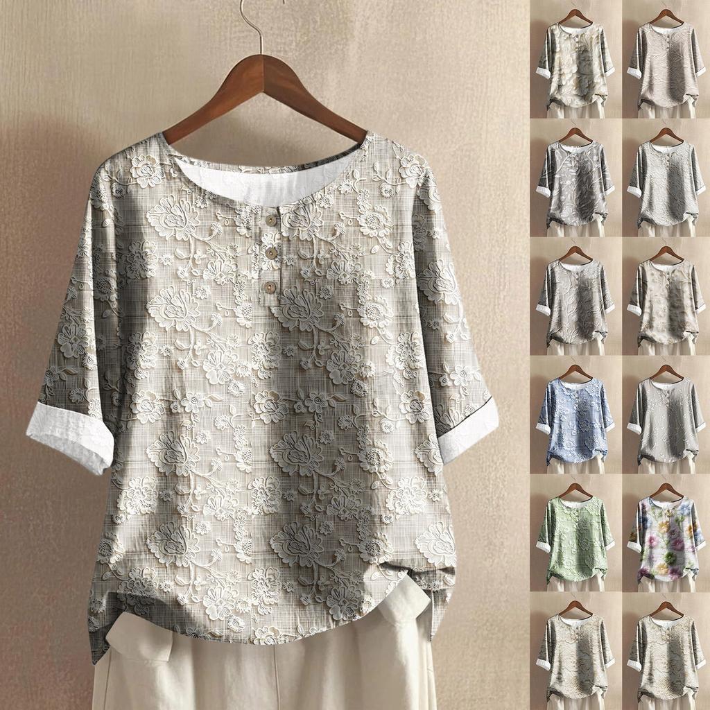 Women's Fashionable And Casual Shirt Half-sleeve Round Neck Print Cotton And Linen Blouse Top