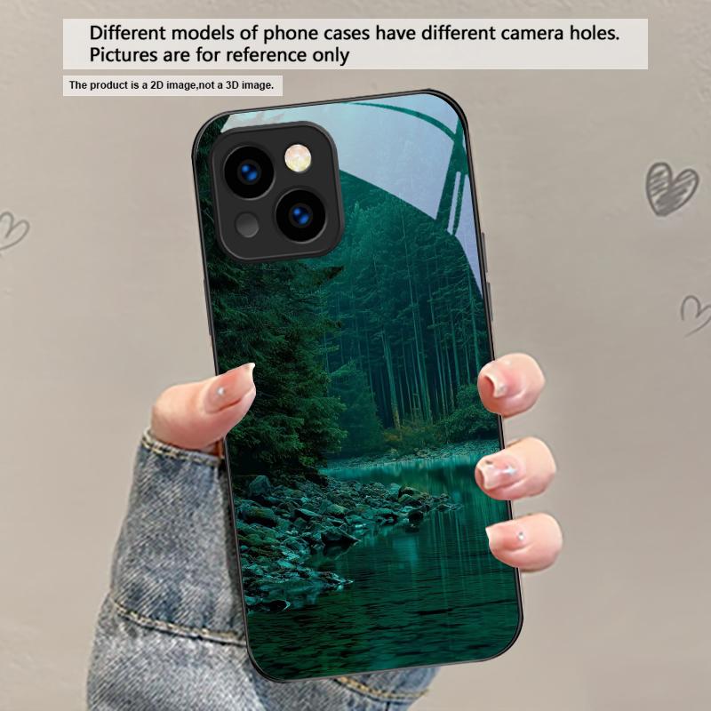 Forest Stream Pattern For iPhone 17 Air 16 E 15 Plus 14 Pro Max 13 12 Mini 11 5 6 7 8 Plus XR XS Max SE Black Glass Phone Case
