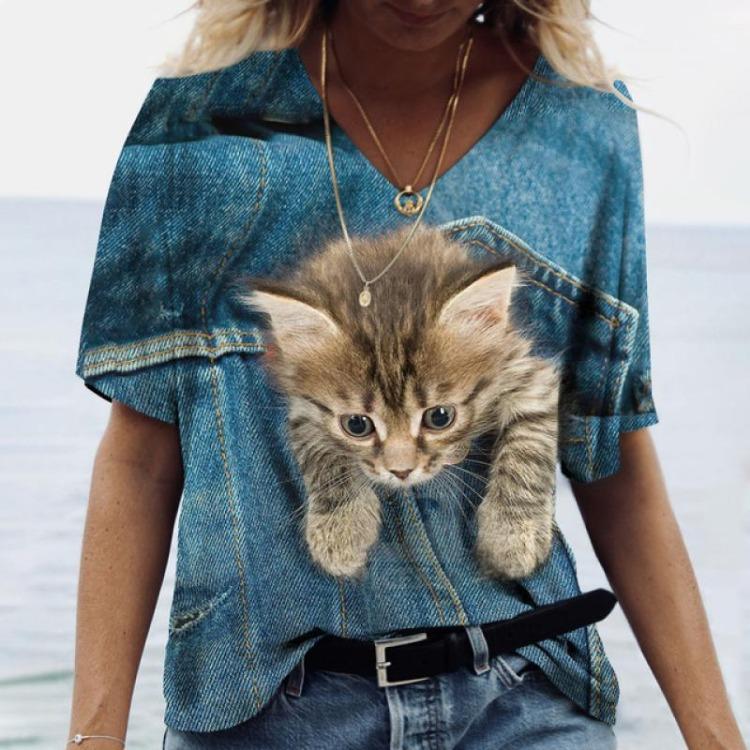Women's Kawaii Cat Print 3D T Shirt Short Sleeve V Neck Tees Casual Holiday Top Female T Shirt