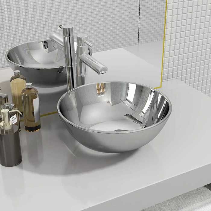 Lavabo - VIDAXL - 28 x 10 cm - Céramique - Gris - A poser - Rond
