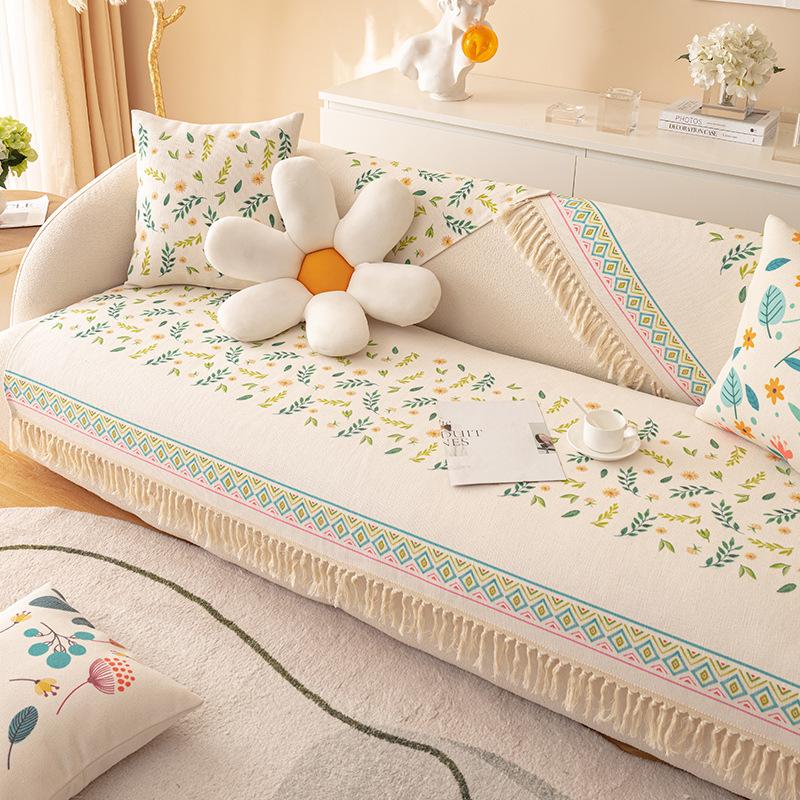 Cotton And Linen Sofa Cushion, Universal Non-Slip Seat Cushion For All Seasons, Old Coarse Cloth, Ethnic Style Fringed Sofa Cover Cover Cloth
