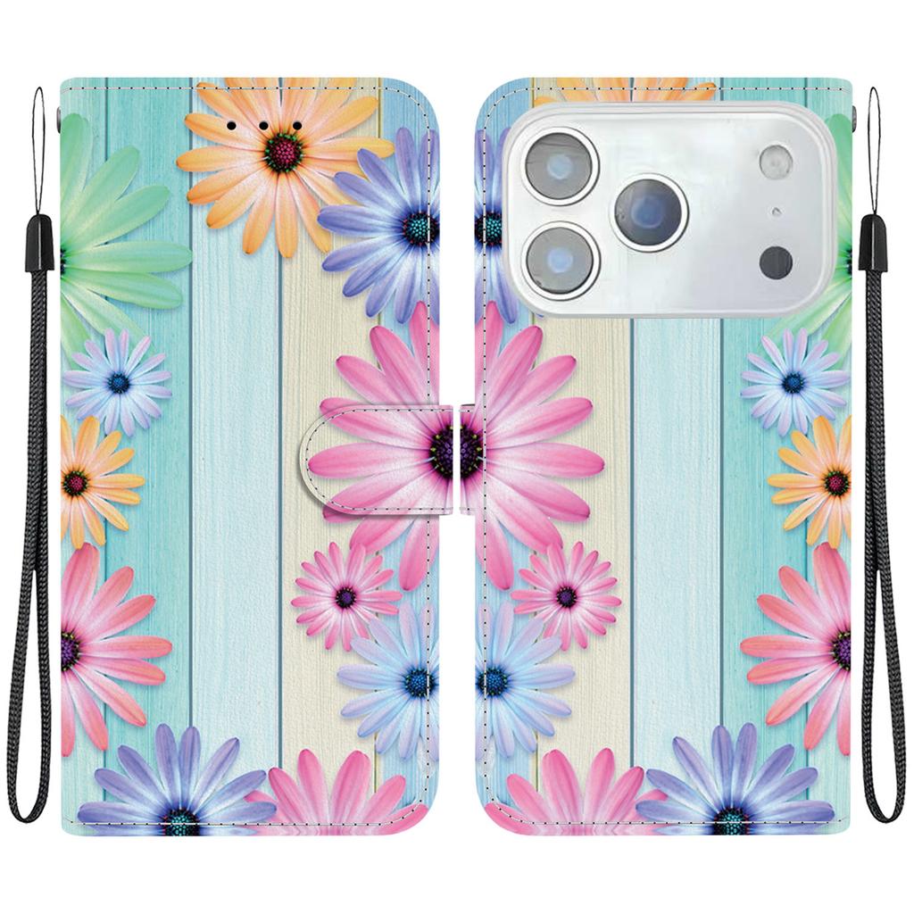 Pro iPhone 17 Pro Pouzdro Vzorový Tisk Odolné proti Pádu Kožené Vyklápěcí Peněženkové Pouzdro na Telefon se Šňůrkou