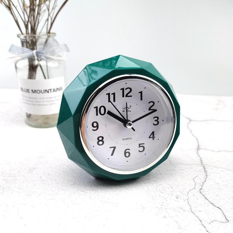 Round Alarm Clock Diamond-Shape Electronic Watch Small Mute Bedside Pointer Clocks Double Bell Silent Desk Table Decor Clock