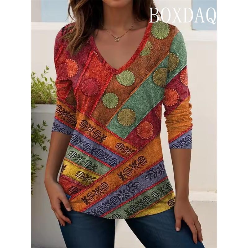 Women's V-Neck T Shirt Ethnic Retro Print Long Sleeve Shirts Fashion Plus Size Loose Autumn Winter Casual Wear Tops Y2k Clothes