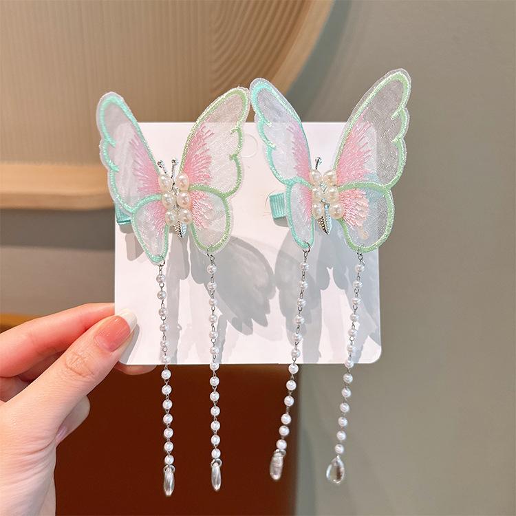 2pcs Ancient Fabric Butterfly Hairpin Children sChinese  Shaking Tassel Immortal Ancient Style Pair Clip Duckbill Clip