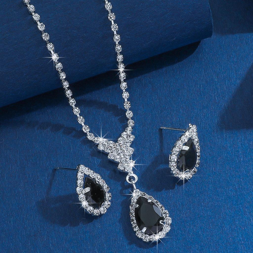 Premium Simple Water Drop Earrings Necklace Set Women's Shiny Stud Earrings Bridal Banquet Collarbone Chain Jewelry