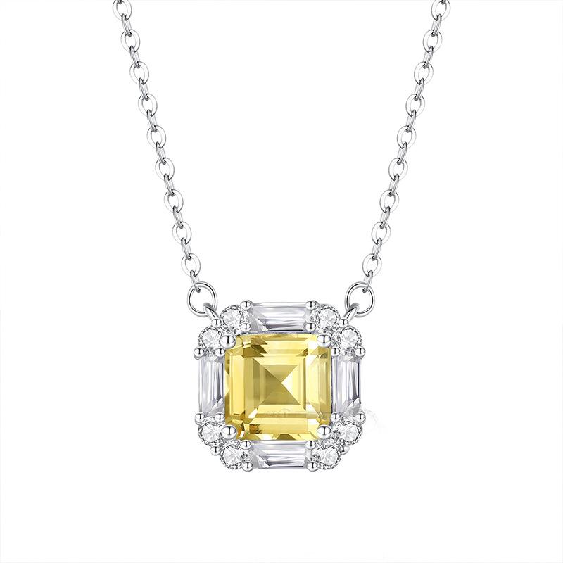 S925 Silver Necklace with Natural Amethyst/Citrine Pendant, Clear Crystal Choker for Women