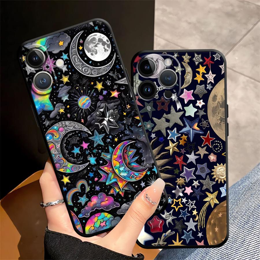 Case for iPhone 7 8 15 16 14 Plus XR 13 12 11 17 Pro Max 17Air XS Max Black Soft Phone Cover Star Moon Pattern