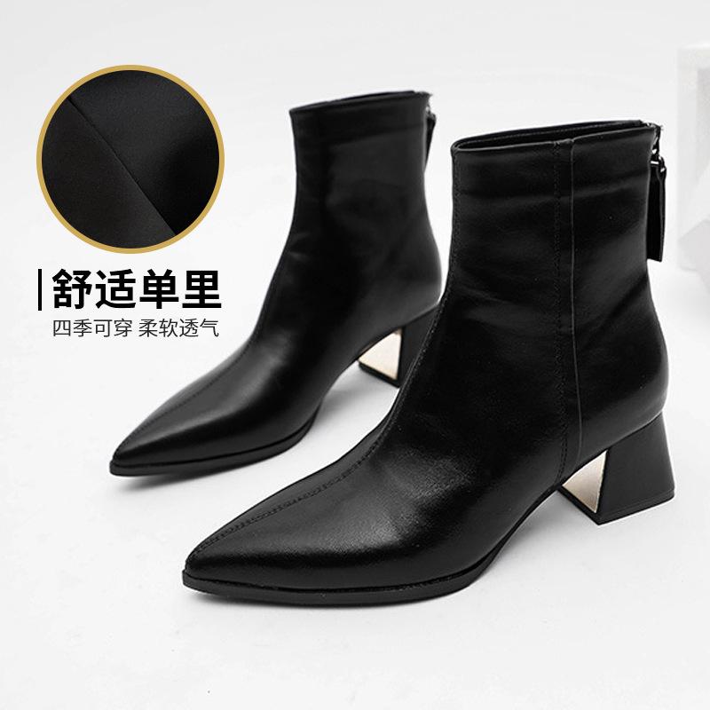 2024 high-heeled short boots for women's autumn and winter new rear zipper thick-heeled women's boots Korean version pointed brown short boots for chi