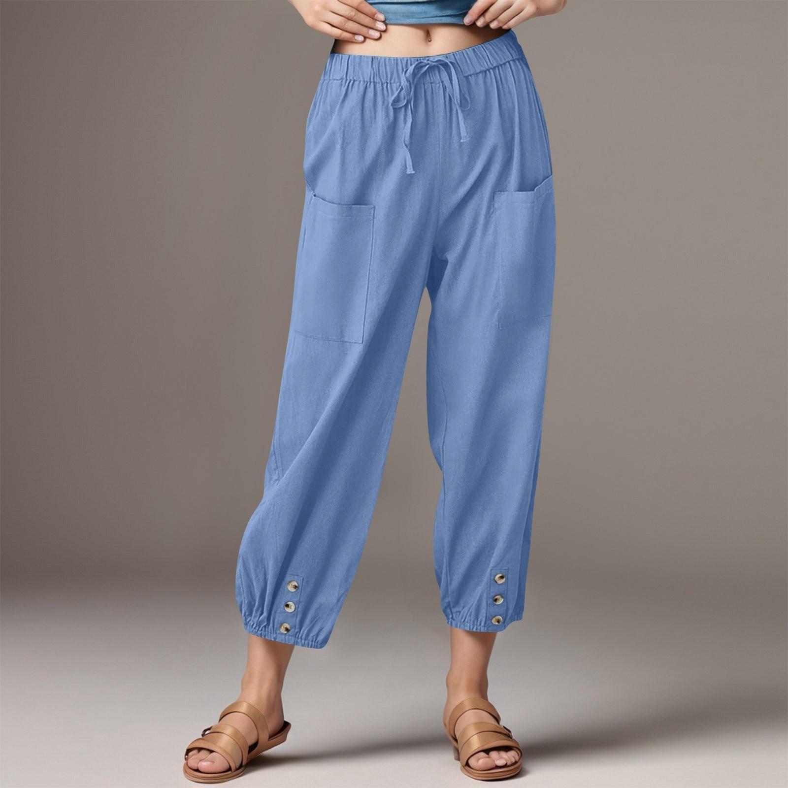 

Женские модные однотонные льняные хлопковые леггинсы с карманами, эластичные повседневные брюки XL синий