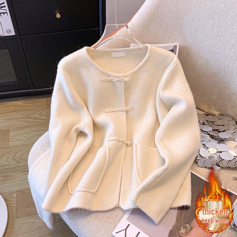 

Пальто шерстяное осенне-зимнее Любовный узел : Женский ленивый вязаный свитер в китайском стиле с ноткой элегантности. M (70-95 kg) грязно-белый