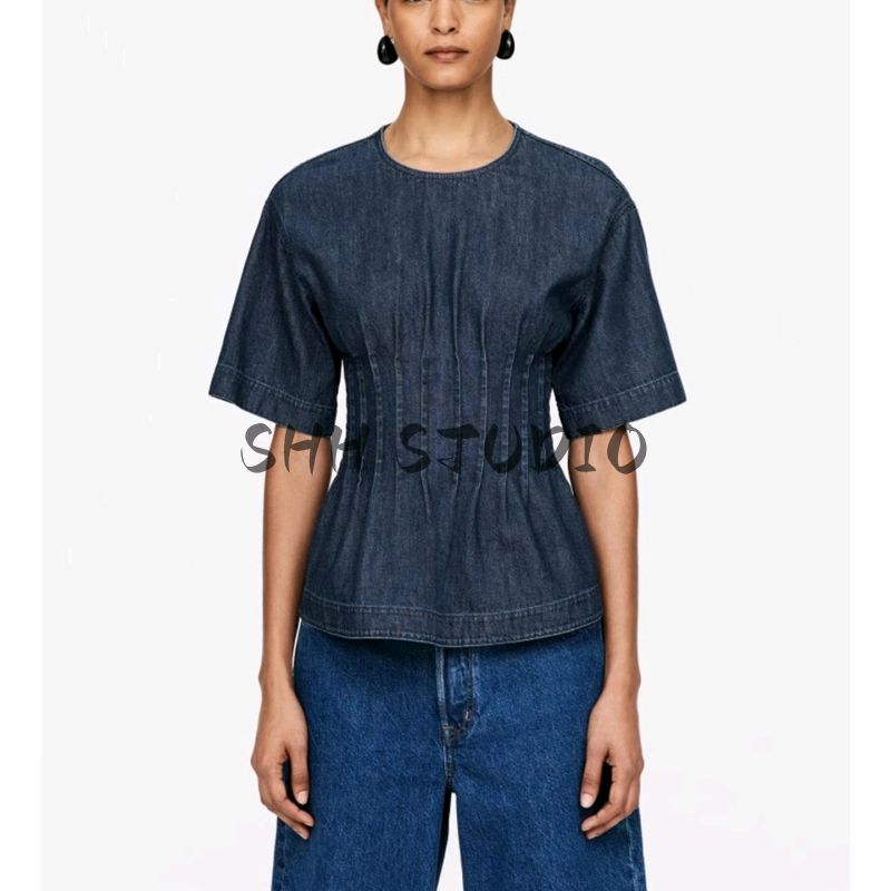 Summer New Product Women's Clothes Commute Style Pinch Pleated Decorative Cotton Round Neck Short Sleeve Waist-Controlled Denim Tops 1270370
