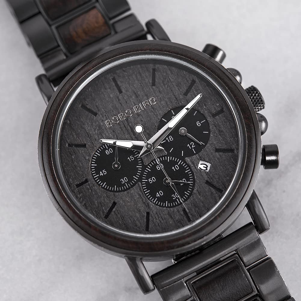 Men's Wooden Watch, Business/Casual Watch, Ebony & Stainless Steel Chronograph