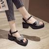 Thick soled sandals for women 2025 spring/summer new Korean version checkered color blocked thick heel square toe sandals
