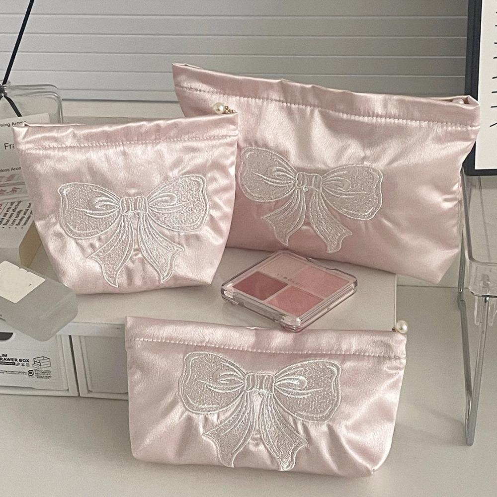 Luxury Pink Bow Makeup Bag Handbag Bow Embroidery Toiletry Storage Pouch Pearl Zipper Make Up Organizer Bag Ladies
